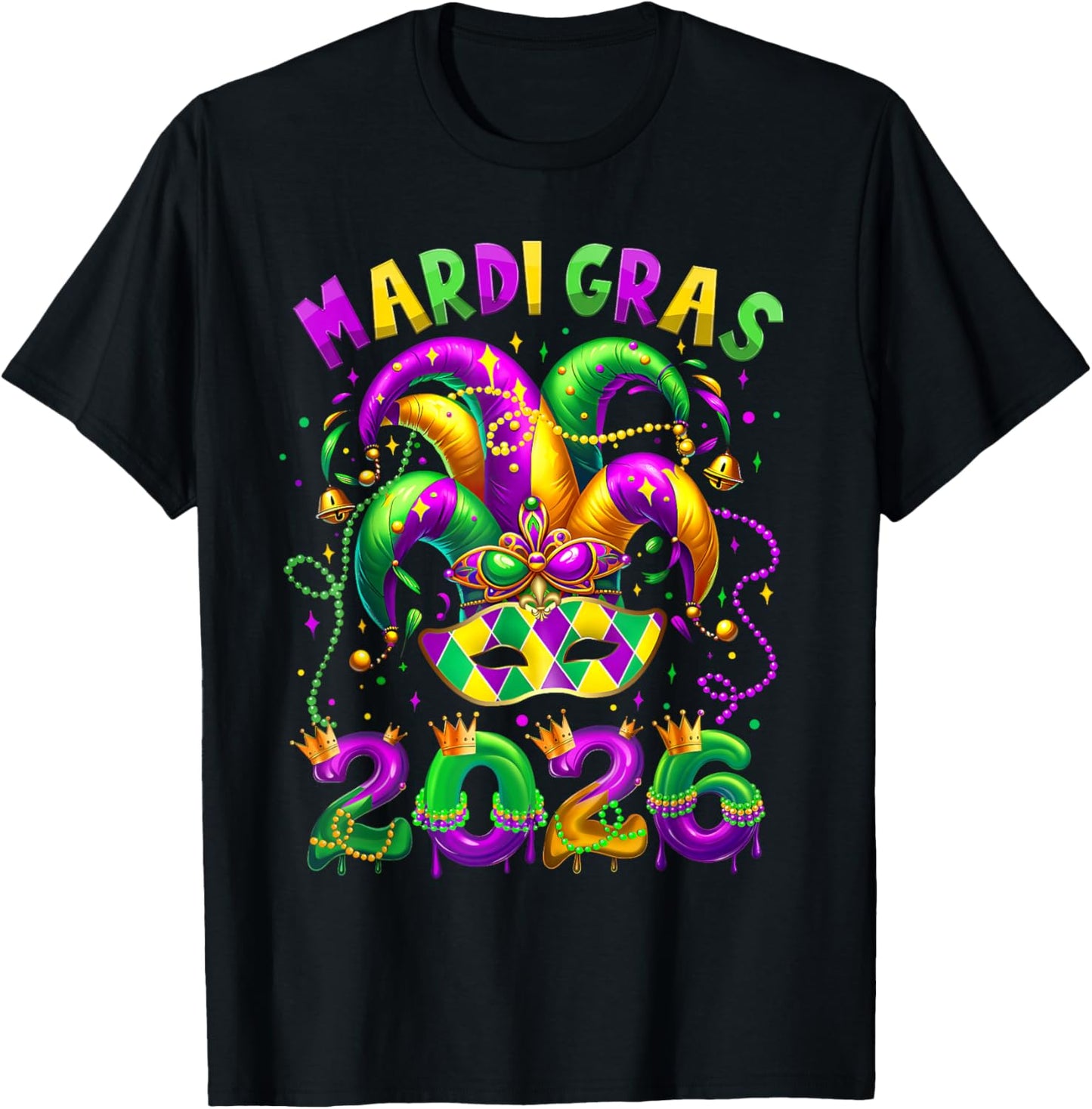 Mardi Gras 2026 Jester Hat Carnival New Orleans Fleur De Lis T-Shirt - T-Shirt | Black