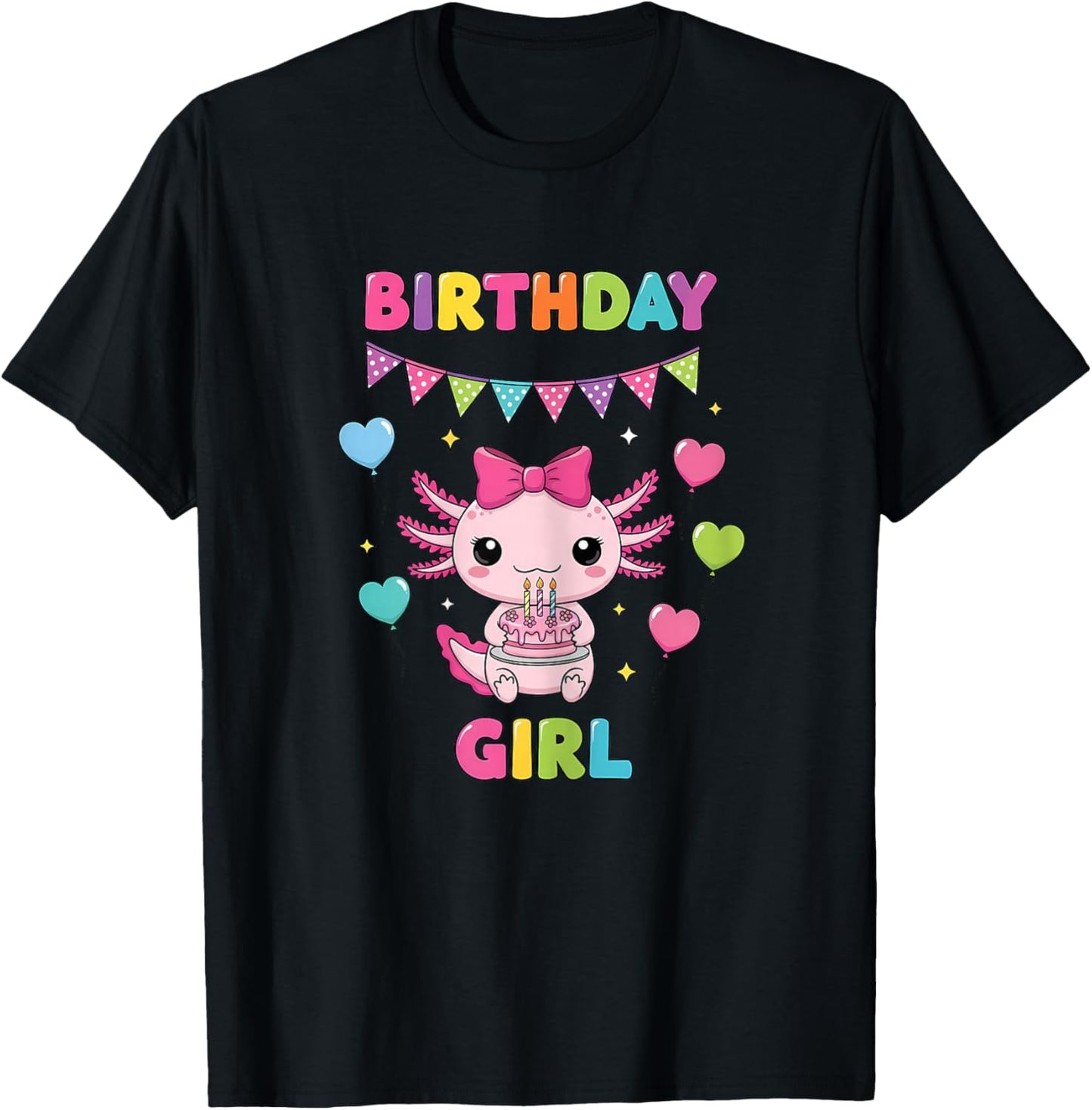 Cute Axolotl Bday Girl Big Pink Coquette Bow Girl Birthday T-Shirt - T-Shirt | Black