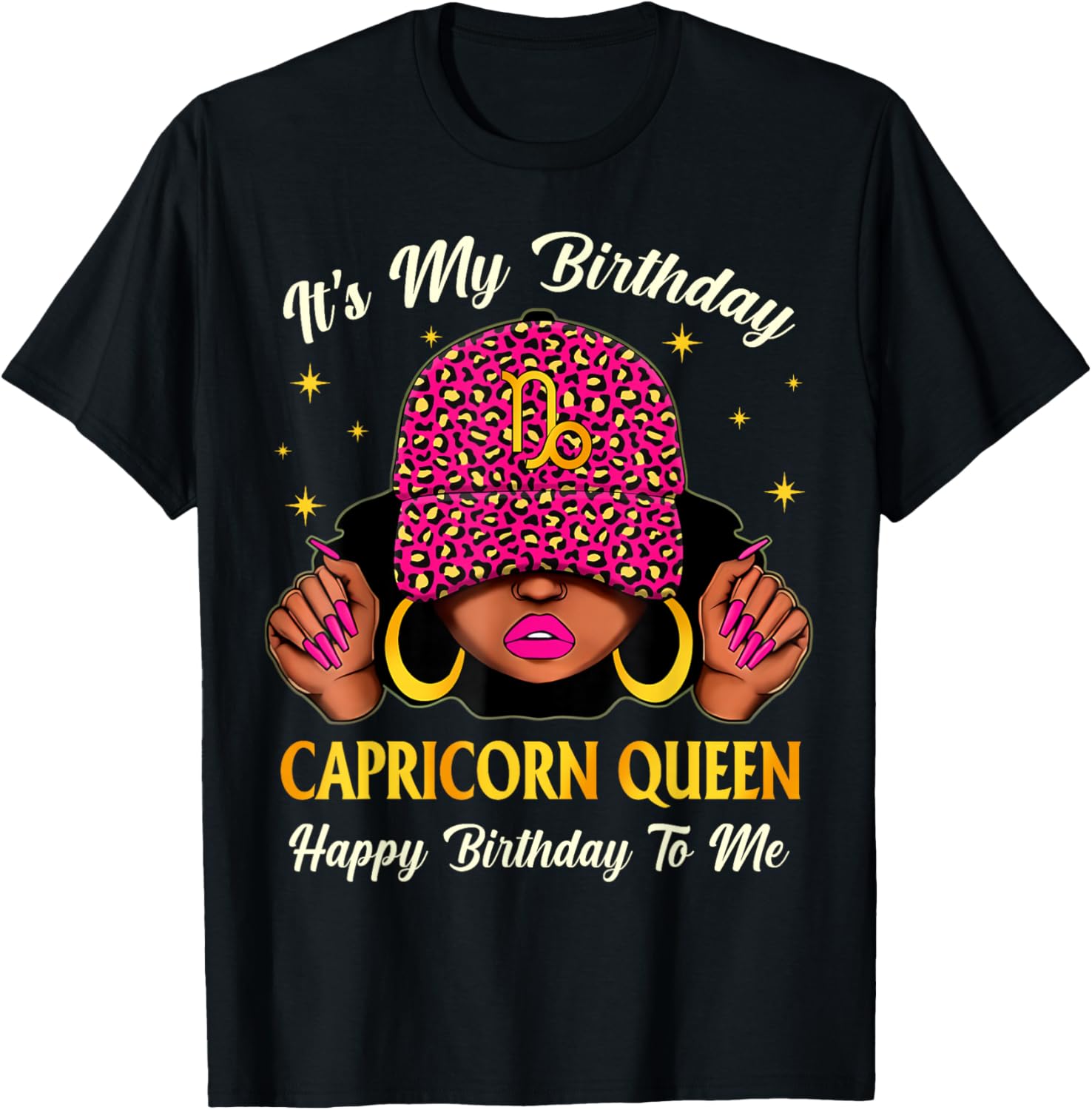Capricorn Queen Woman Leopard Cap Its My Zodiac Birthday T-Shirt - T-Shirt | Black
