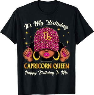 Capricorn Queen Woman Leopard Cap Its My Zodiac Birthday T-Shirt - T-Shirt | Black