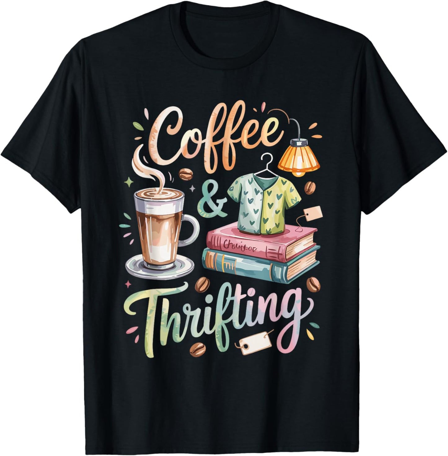Watercolor Coffee and Thrifting T-Shirt - T-Shirt | Black