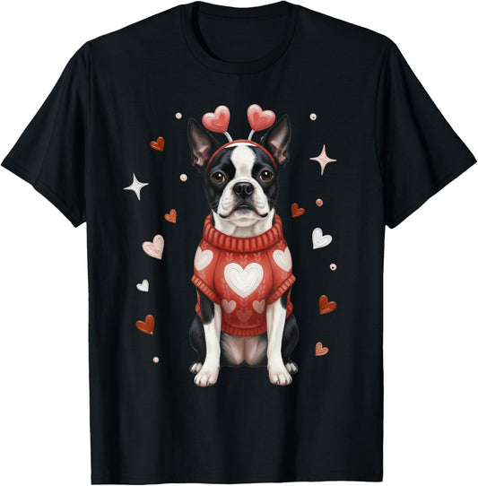 Cute Boston Terrier Valentine Heart Valentines Day T-Shirt - T-Shirt | Black