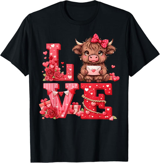 Love Western Highland Cows Valentine Cowgirl Hat T-Shirt - T-Shirt | Black