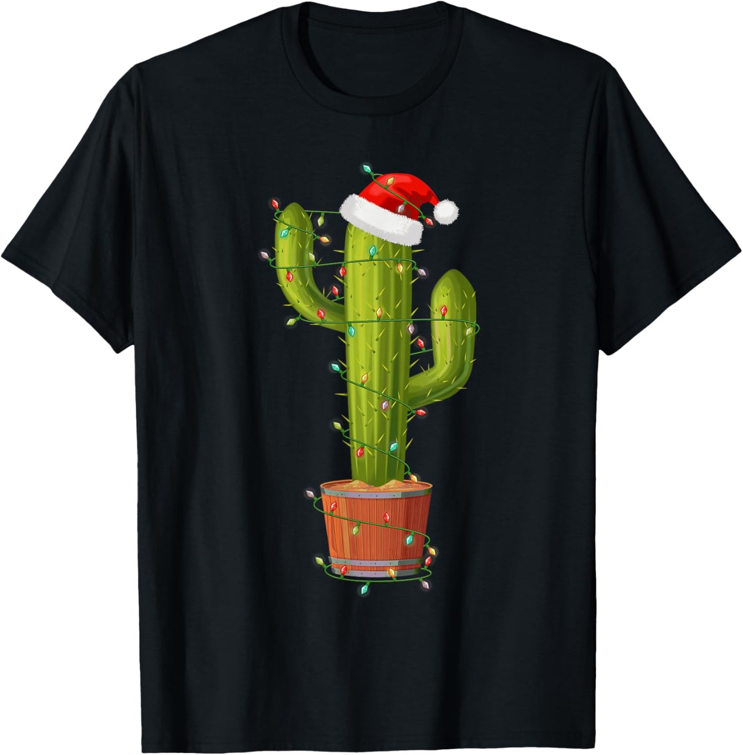 Funny Cactus Santa Hat Xmas Tree Lights Merry Christmas PJS T-Shirt - T-Shirt | Black