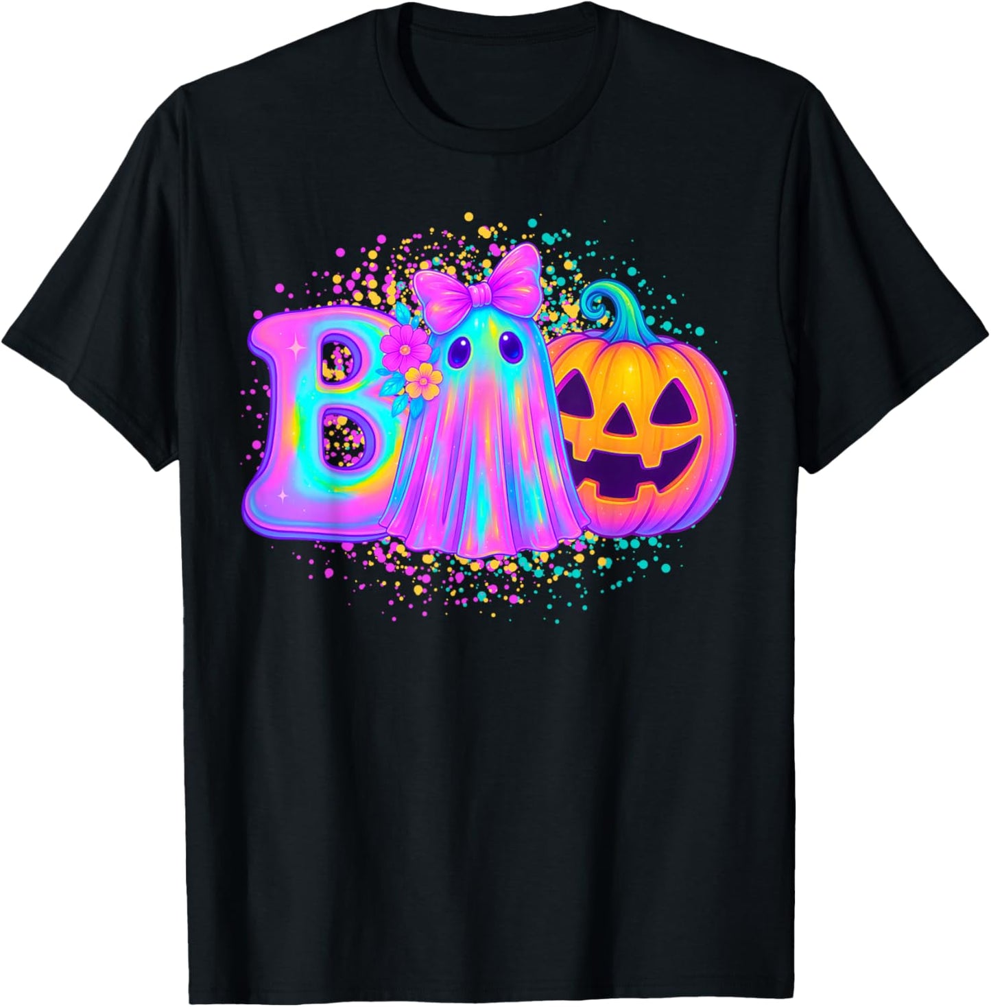 Cute Floral Ghost Coquette Bow Halloween and Girls T-Shirt - T-Shirt | Black
