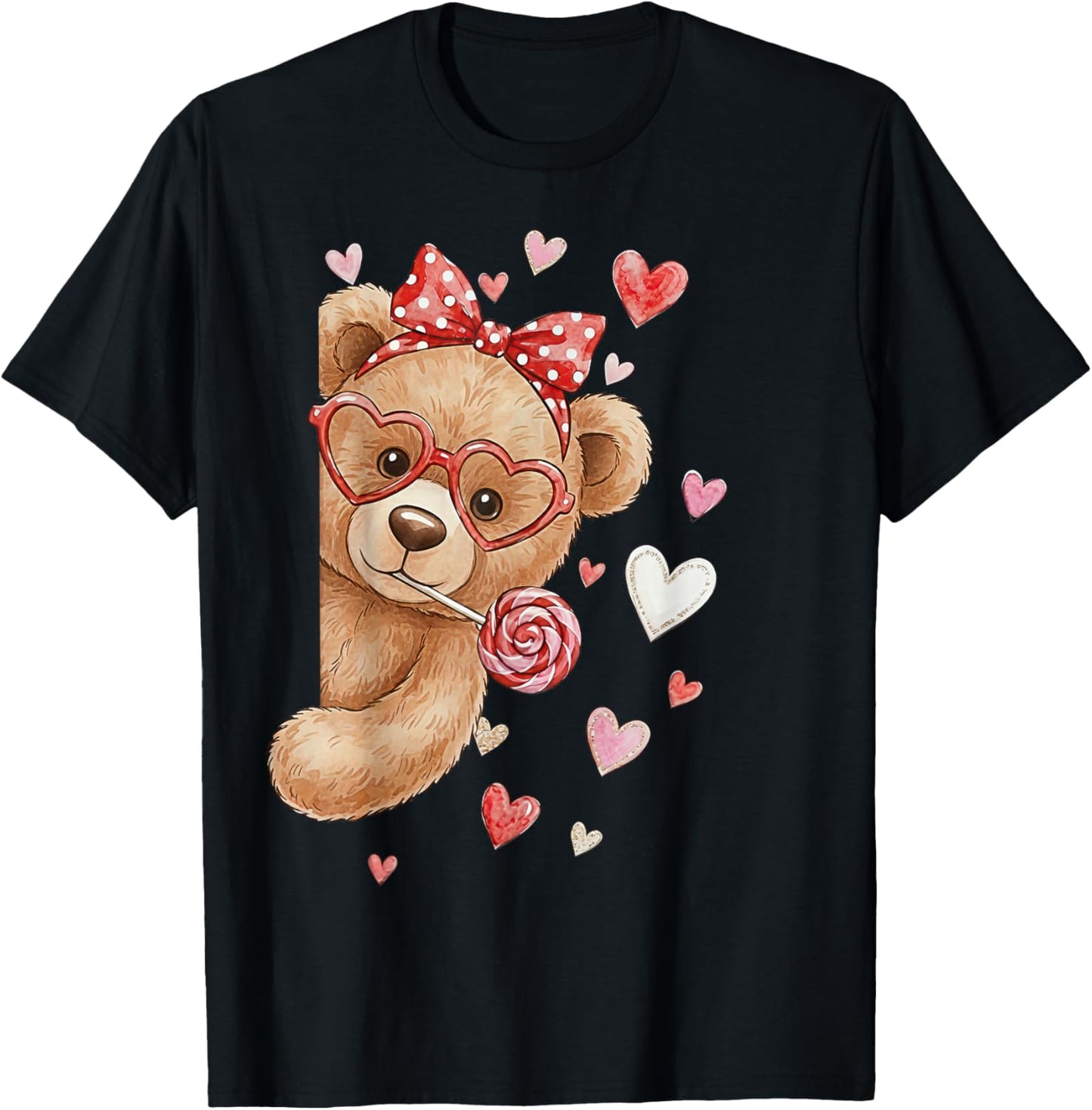 Teddy Bear Heart Glasses Cute Valentines Day Lollipop Humor T-Shirt - T-Shirt | Black
