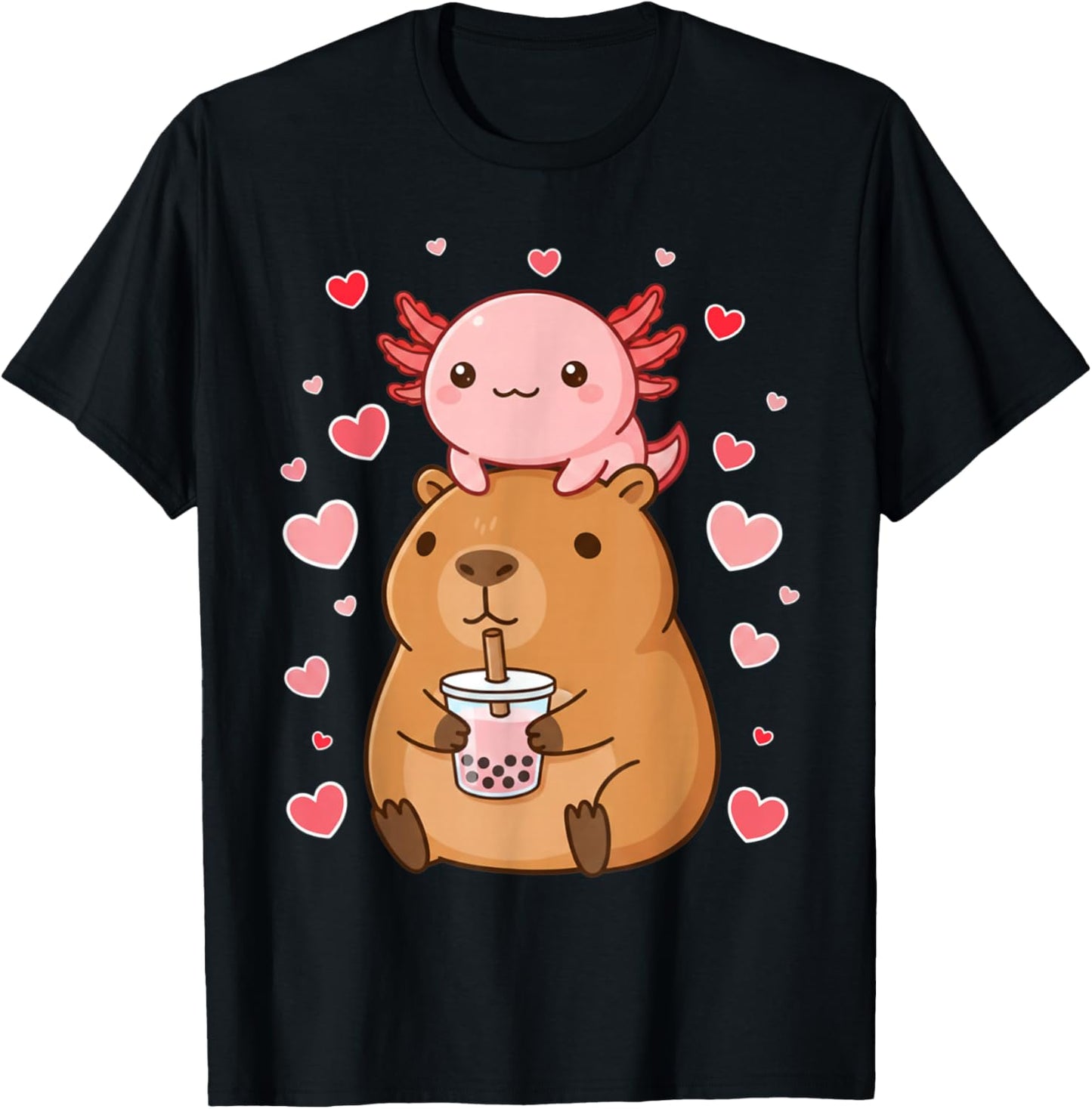 Cute Kawaii Axolotl Capybara Bubble Tea Boys Girls Valentine T-Shirt - T-Shirt | Black