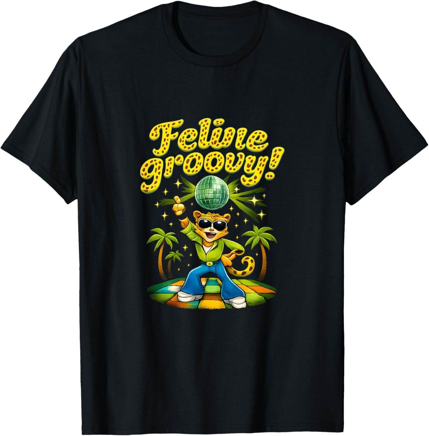 Feline Groovy Jaunty Jaguar Disco Dance Graphic T-Shirt - T-Shirt | Black