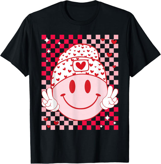 Groovy Valentine Vibes Cute Heart Happy Valentines Men Women T-Shirt - T-Shirt | Black