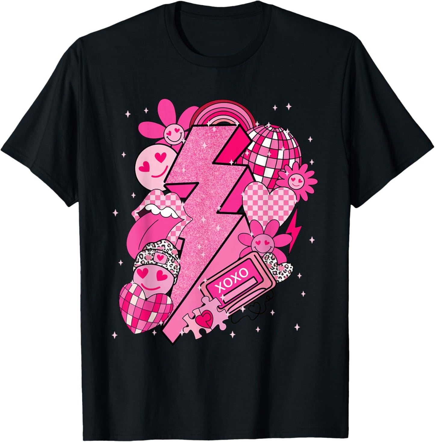 Valentine Love Lightning Bolt Disco Hearts Y2K Retro Graphic T-Shirt - T-Shirt | Black