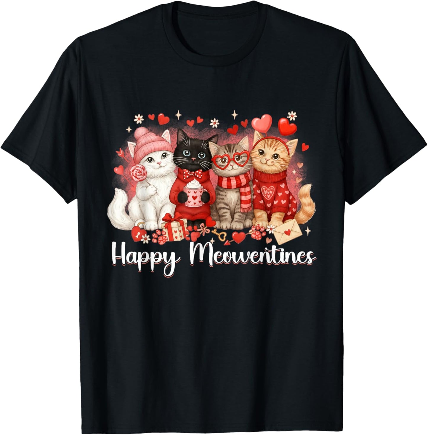 Cute Valentine Cat Lovers Happy Meowentines Girls Women Kid T-Shirt - T-Shirt | Black