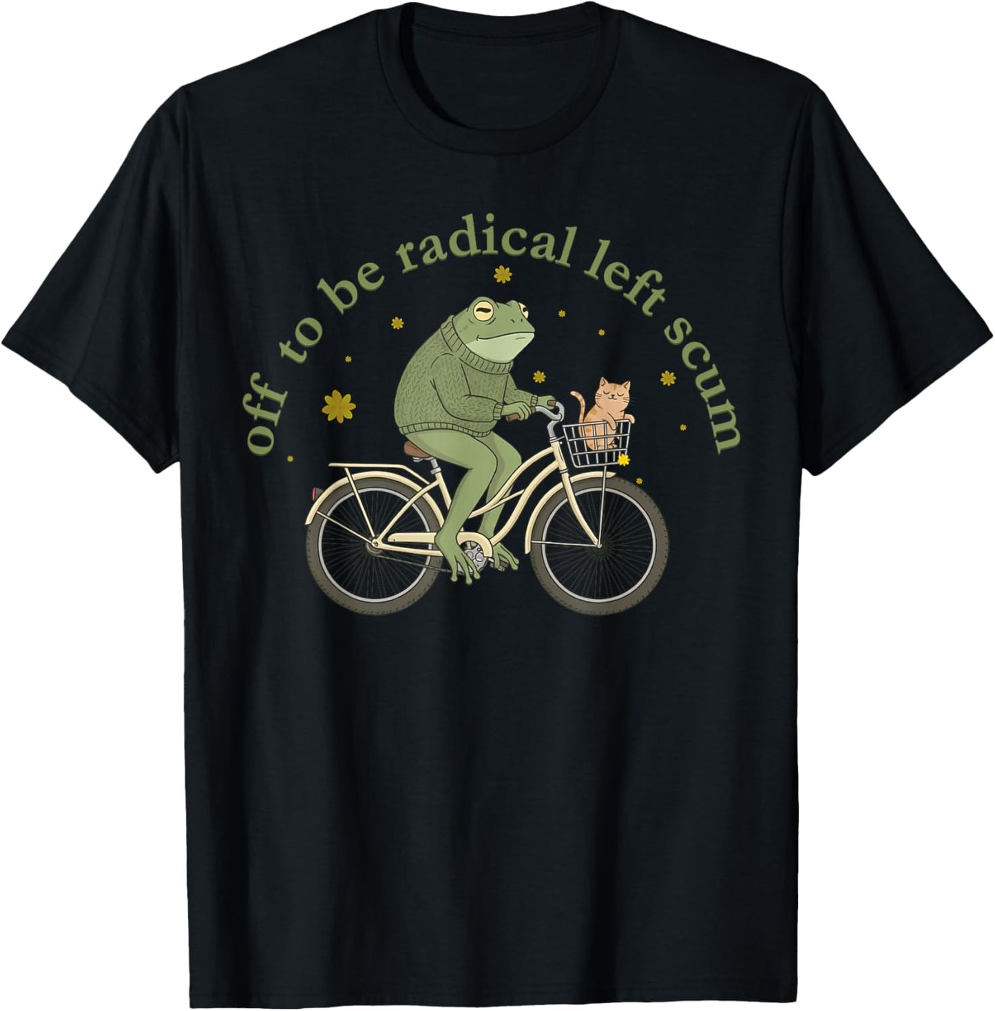 Off to Be Radical Left Scum Funny Frog and Cat on Bicycle T-Shirt - T-Shirt | Black
