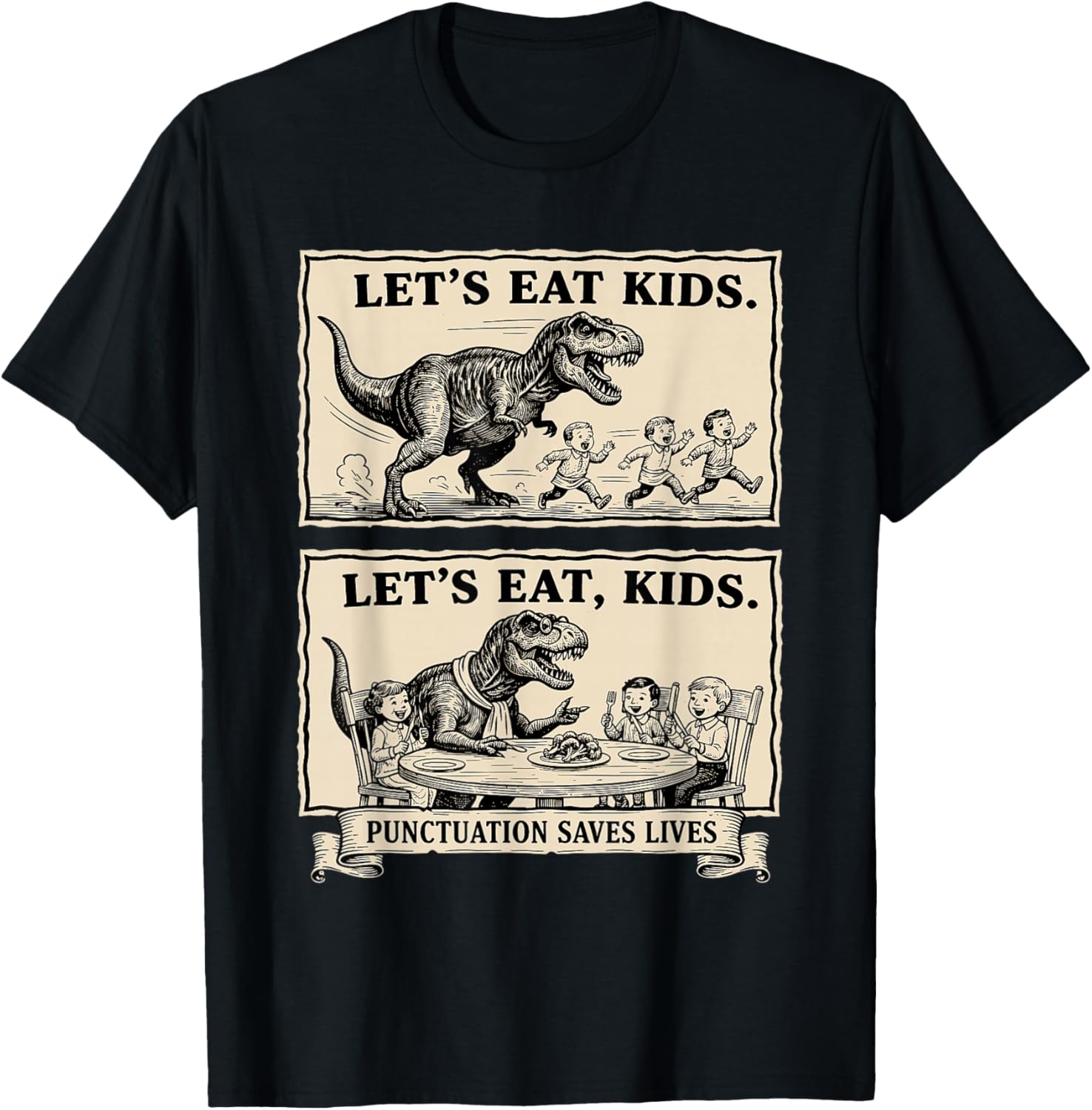 Funny Let's Eat Kids Punctuation Saves Lives Grammar T-Shirt - T-Shirt | Black