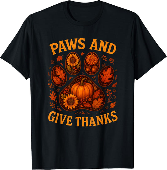 Paws and Give Thanks Autumn Paw Dog Pet Lovers Thanksgiving T-Shirt - T-Shirt | Black