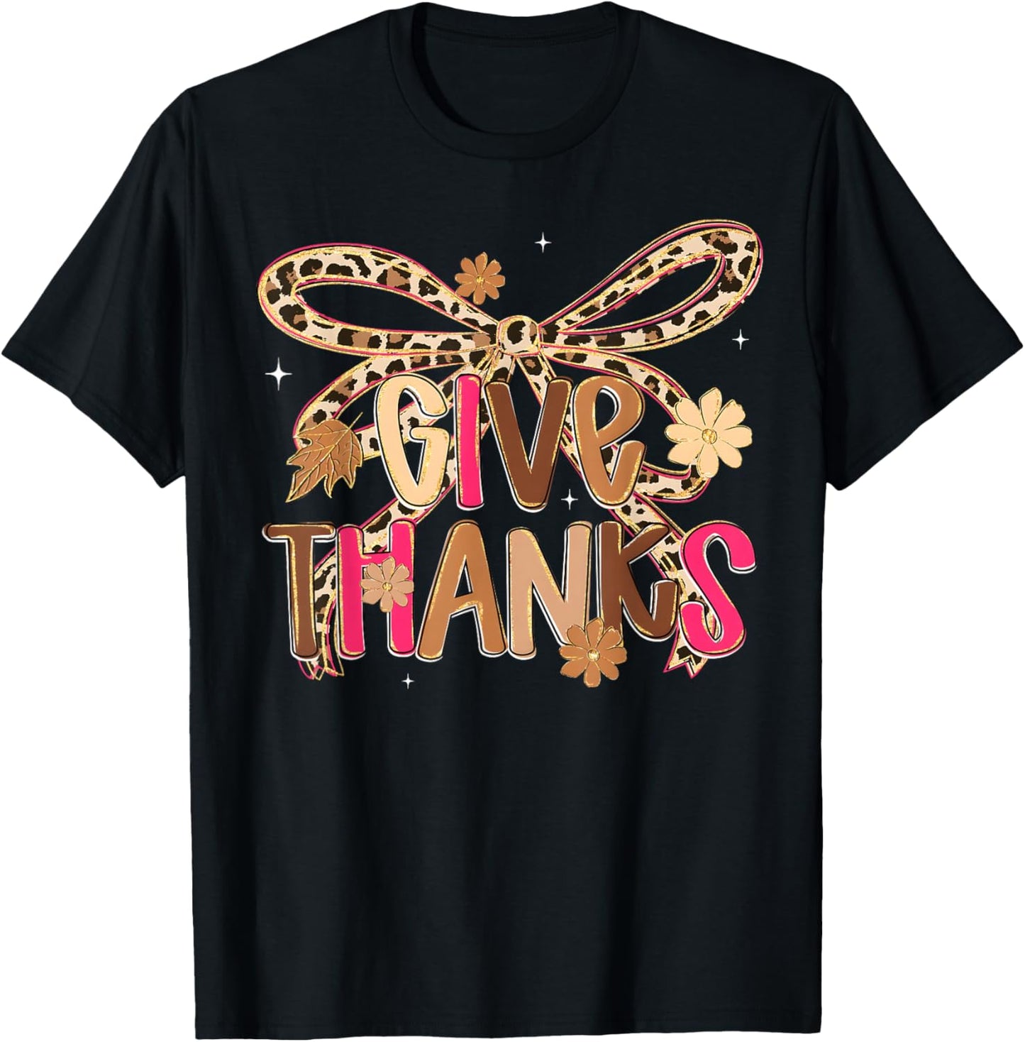Coquette Bow Leopard Give Thanks Fall Thanksgiving Women T-Shirt - T-Shirt | Black