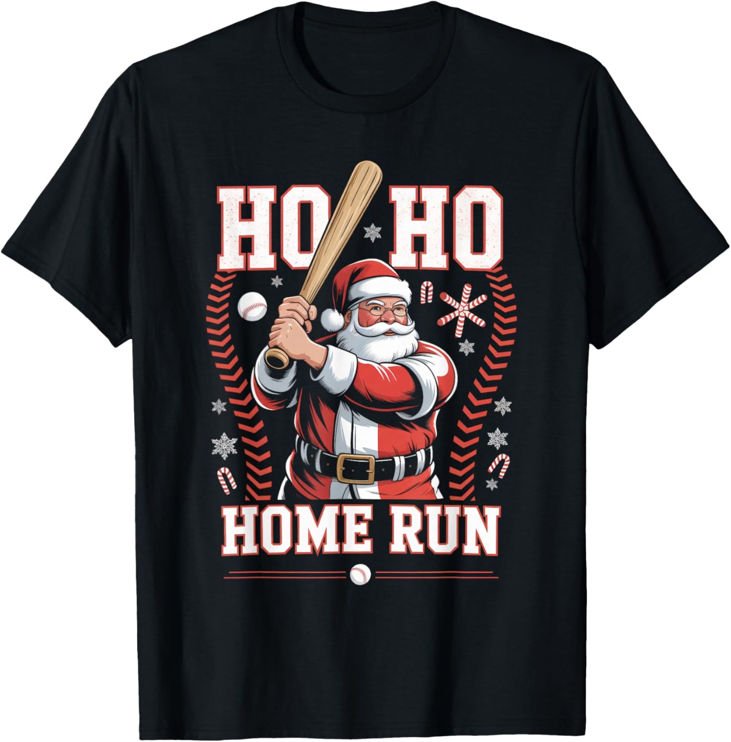 Ho Ho Home Run Baseball Christmas Funny Holiday Sports Santa T-Shirt - T-Shirt | Black