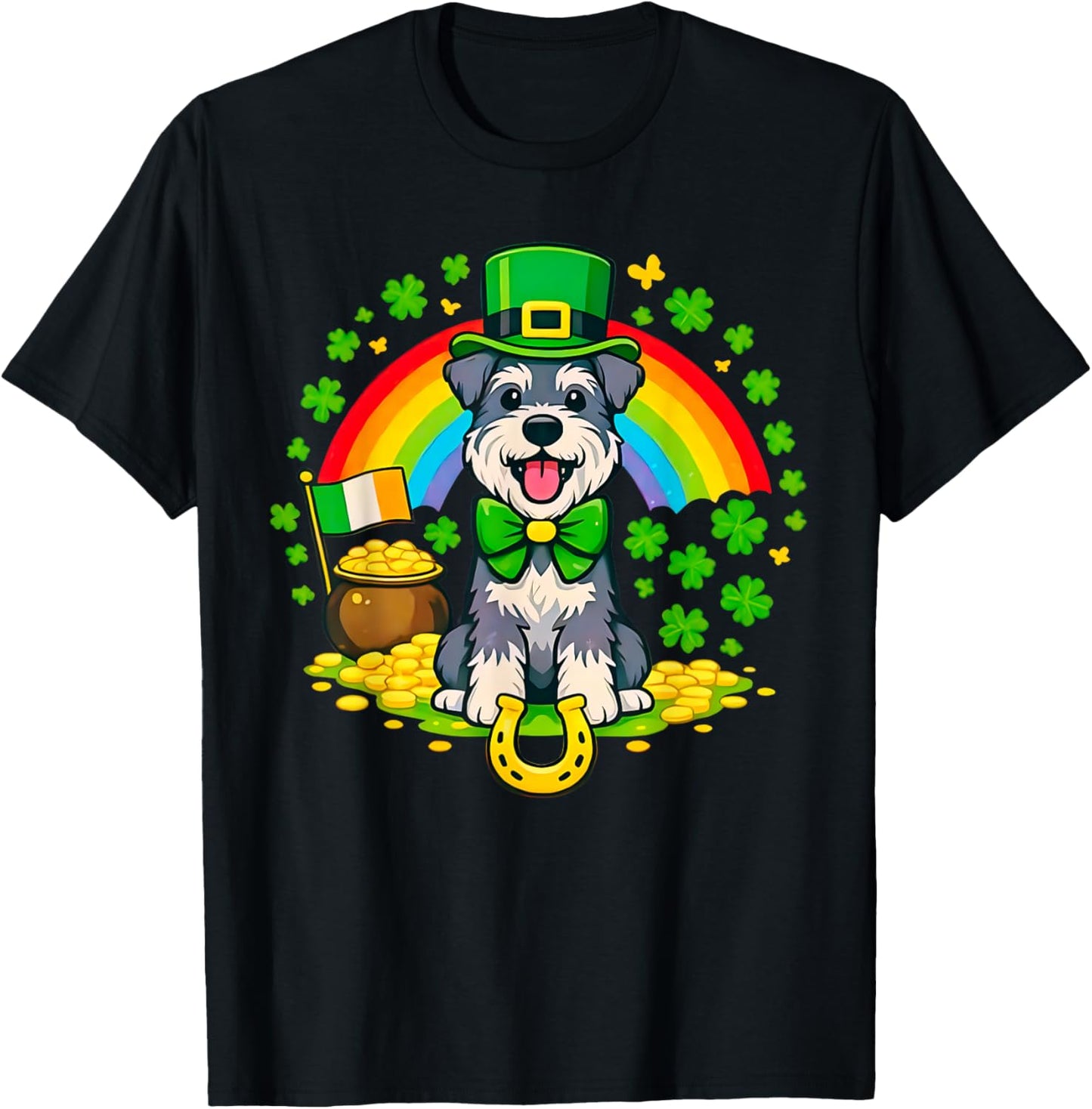 Lucky Miniature Schnauzer St Patrick’s Day Rainbow Shamrock T-Shirt - T-Shirt | Black