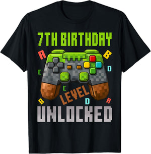 7th Birthday Boy Level 7 Unlocked Birthday Boy 7 Years Old T-Shirt - T-Shirt | Black