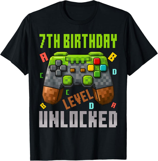 7th Birthday Boy Level 7 Unlocked Birthday Boy 7 Years Old T-Shirt - T-Shirt | Black
