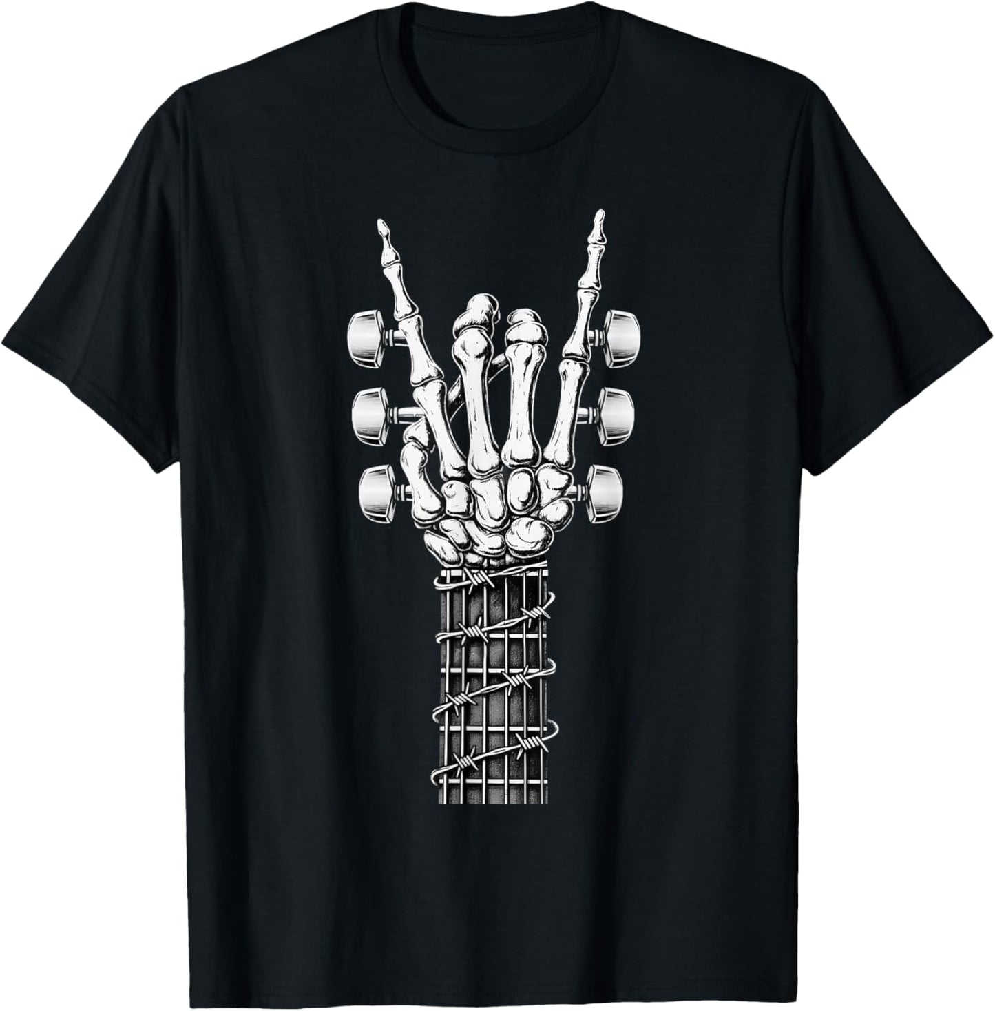 Rock On Hand Skeleton Guitar Rock and Roll Music Lover Retro T-Shirt - T-Shirt | Black