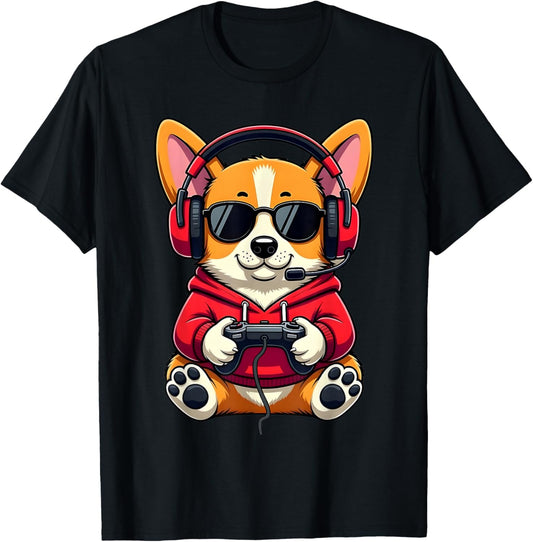 Corgi Gamer Cute Gaming Dog Funny T-Shirt - T-Shirt | Black