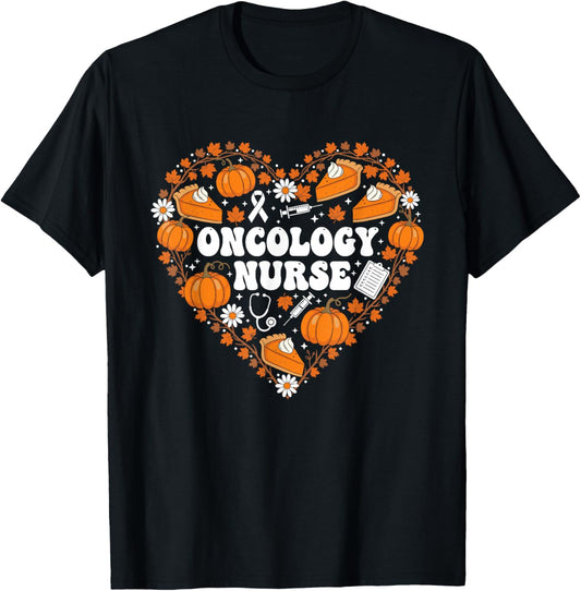 Oncology Nurse Heart Autumn Thanksgiving Kids T-Shirt - T-Shirt | Black