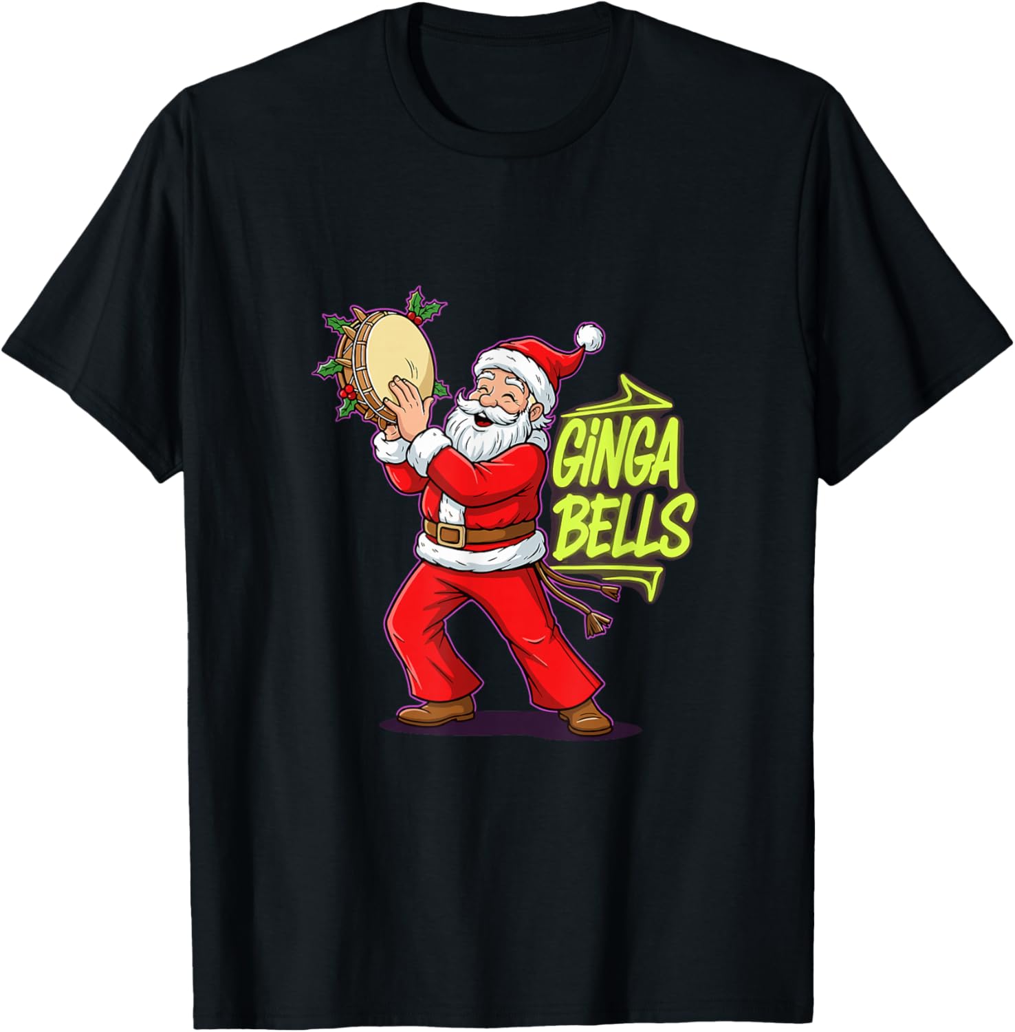 Ginga Bells Santa Brazilian Party Holiday Christmas Capoeira T-Shirt - T-Shirt | Black