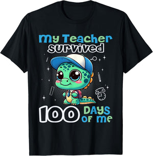 Funny Cute Dinosaur My Teacher Survived 100 Days of me Boys T-Shirt - T-Shirt | Black