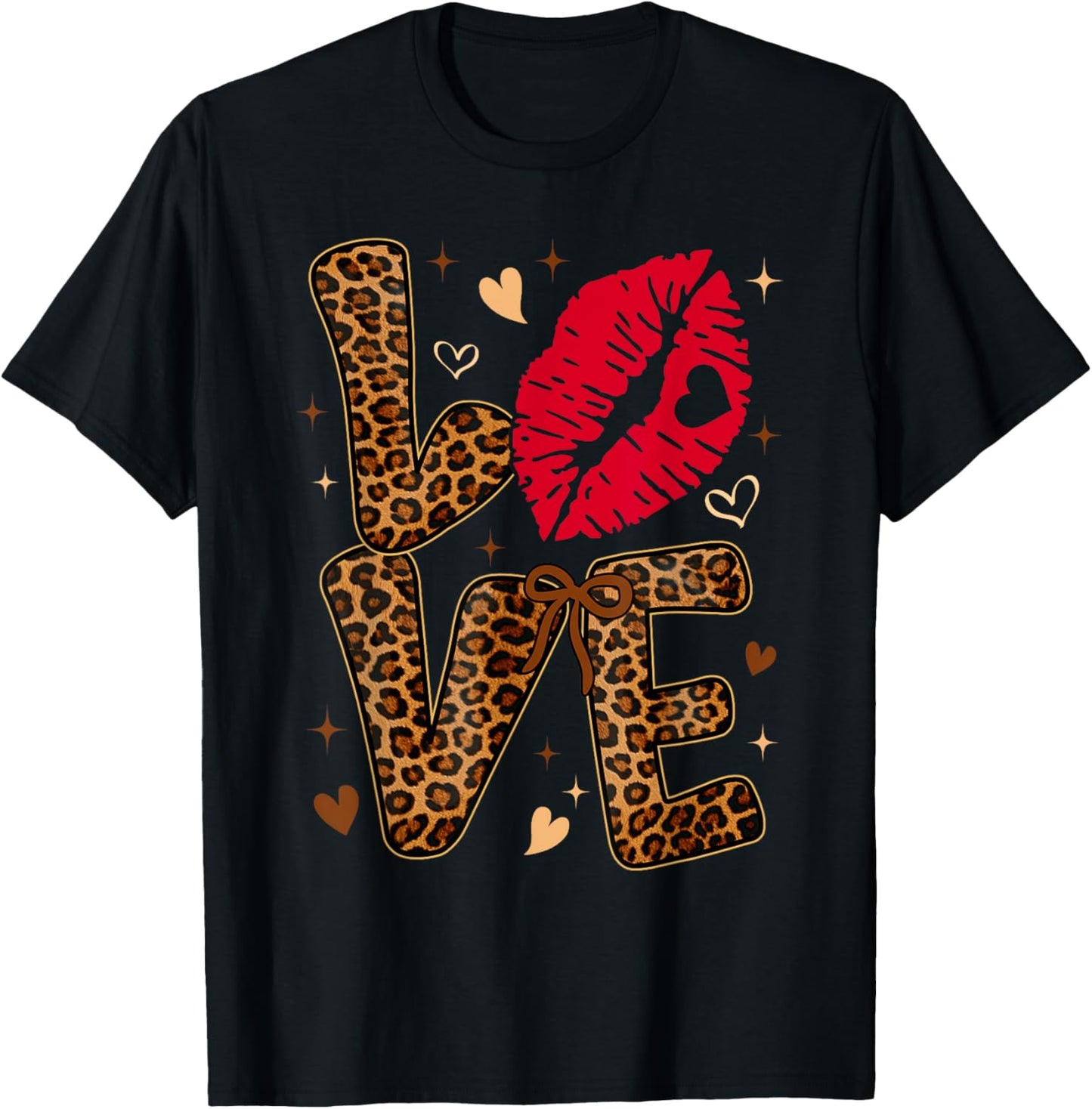 Valentine Leopard Print Love Red Lips Word Letter Girl Women T-Shirt - T-Shirt | Black