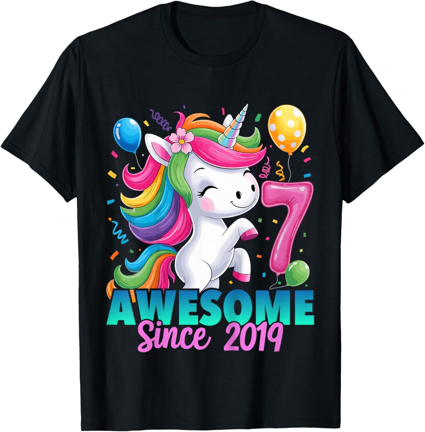 7th Birthday Unicorn 7 Year Old Girls Born 2019 T-Shirt - T-Shirt | Black