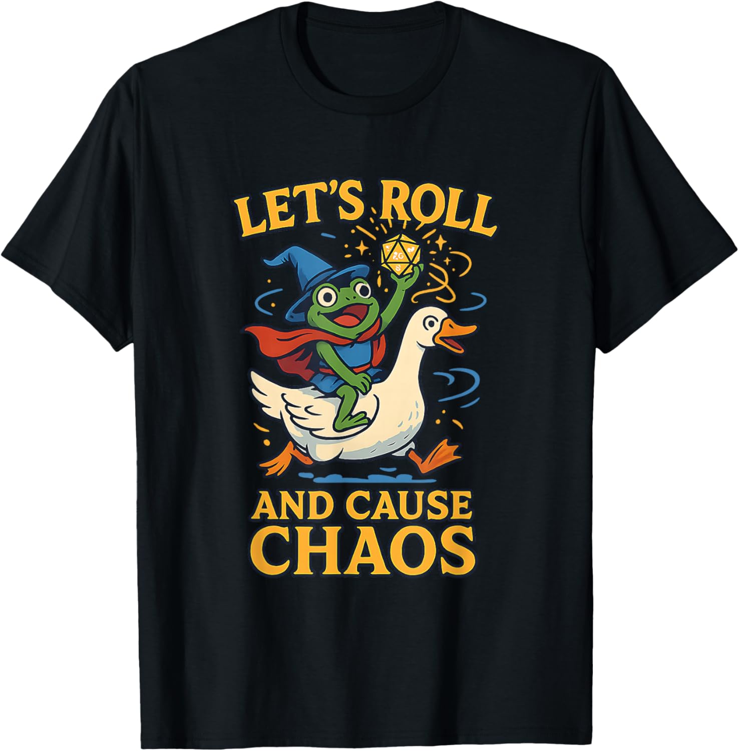 Let’s Roll and Cause Chaos Frog Wizard Goose RPG Art Meme T-Shirt - T-Shirt | Black