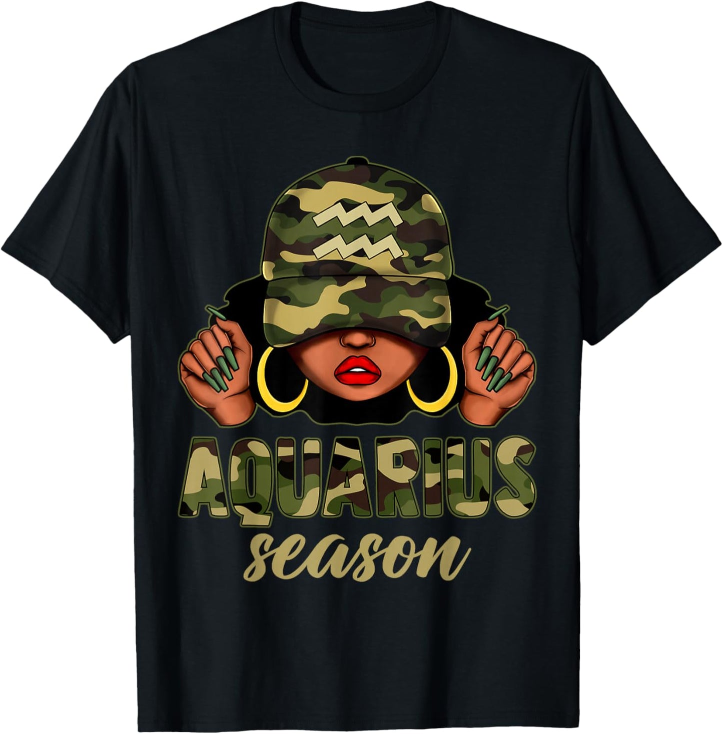 Aquarius Season Black Woman Camo Hat Afro Girl Zodiac T-Shirt - T-Shirt | Black