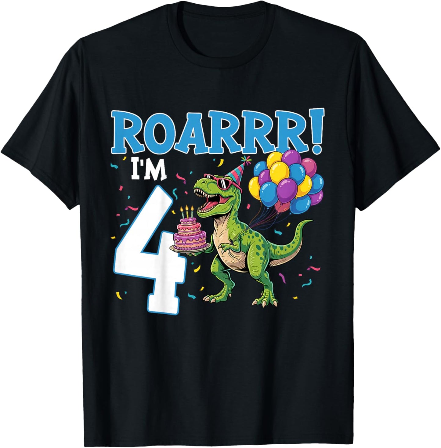 4th Birthday 4 Years Old Boys Girls Roar I'm 4 Dinosaur T-Shirt - T-Shirt | Black