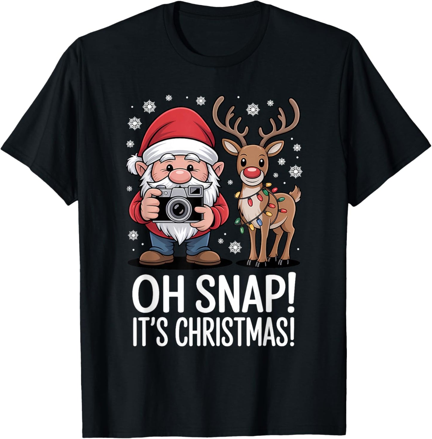 Funny Christmas Photographer Gnome OH Snap It's Christmas T-Shirt - T-Shirt | Black