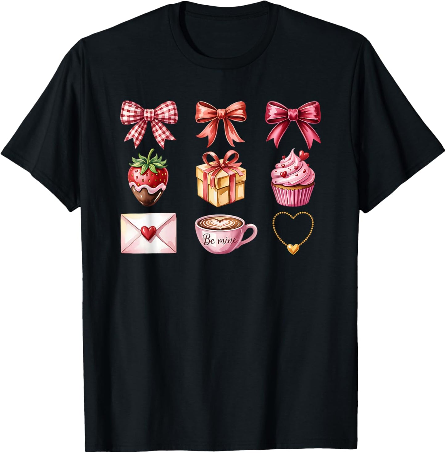 Valentine Croquette Aesthetic Bow Ribbon Strawberry Cupcake T-Shirt - T-Shirt | Black