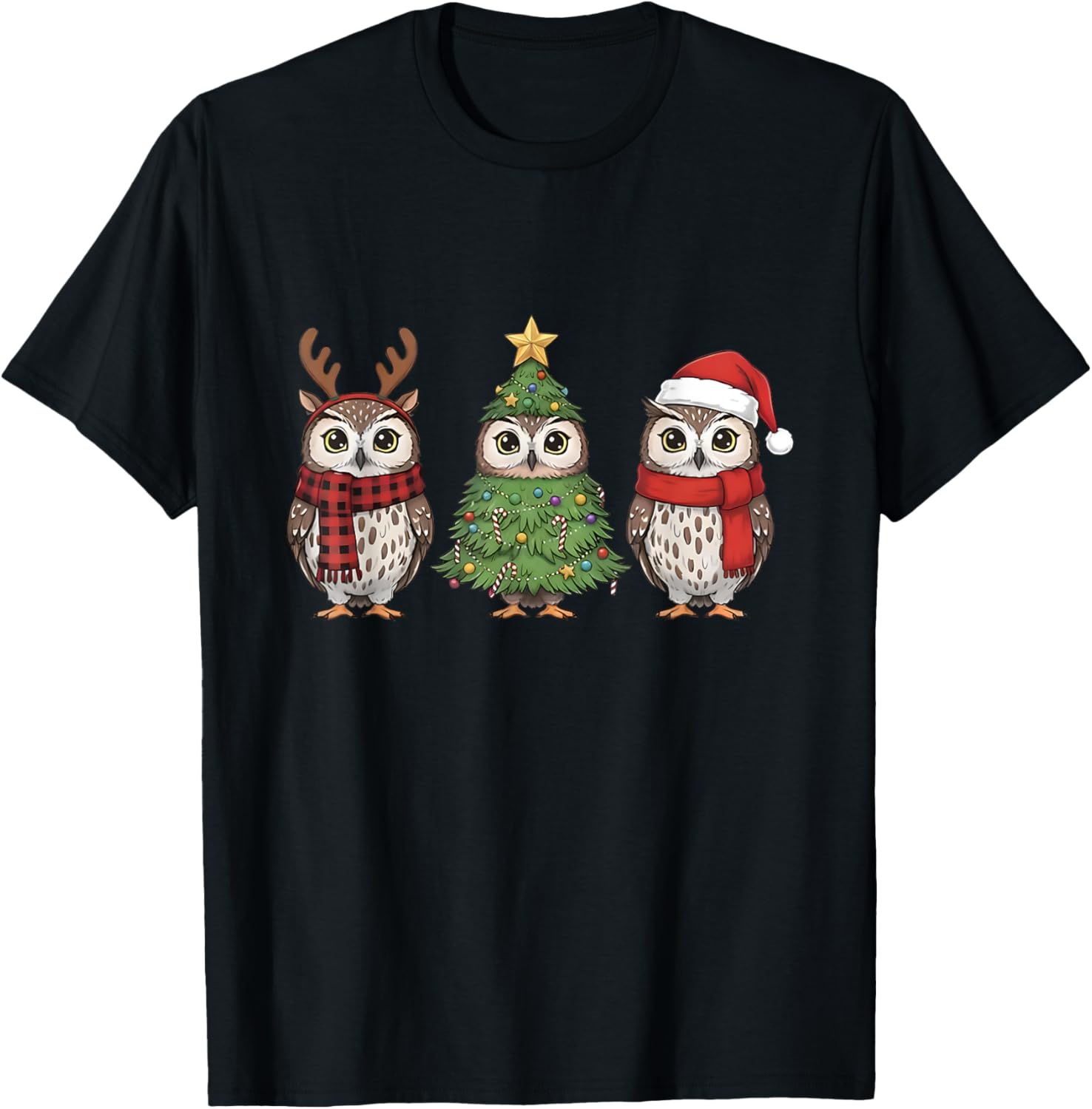 Santa Owl Christmas Tree Owl Lover Animal Xmas Pajama T-Shirt - T-Shirt | Black