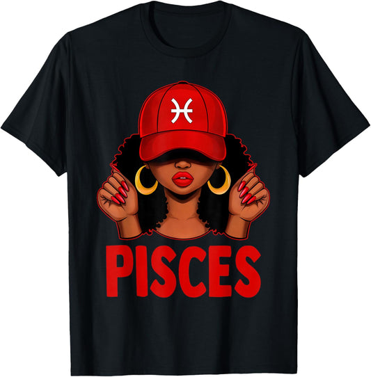 Pisces Girl Afro Women Red Cap Black Queen Zodiac T-Shirt - T-Shirt | Black