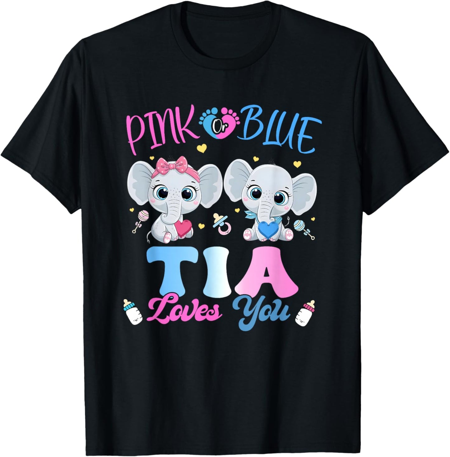Pink or Blue Tia Loves You Gender Reveal Elephant T-Shirt - T-Shirt | Black