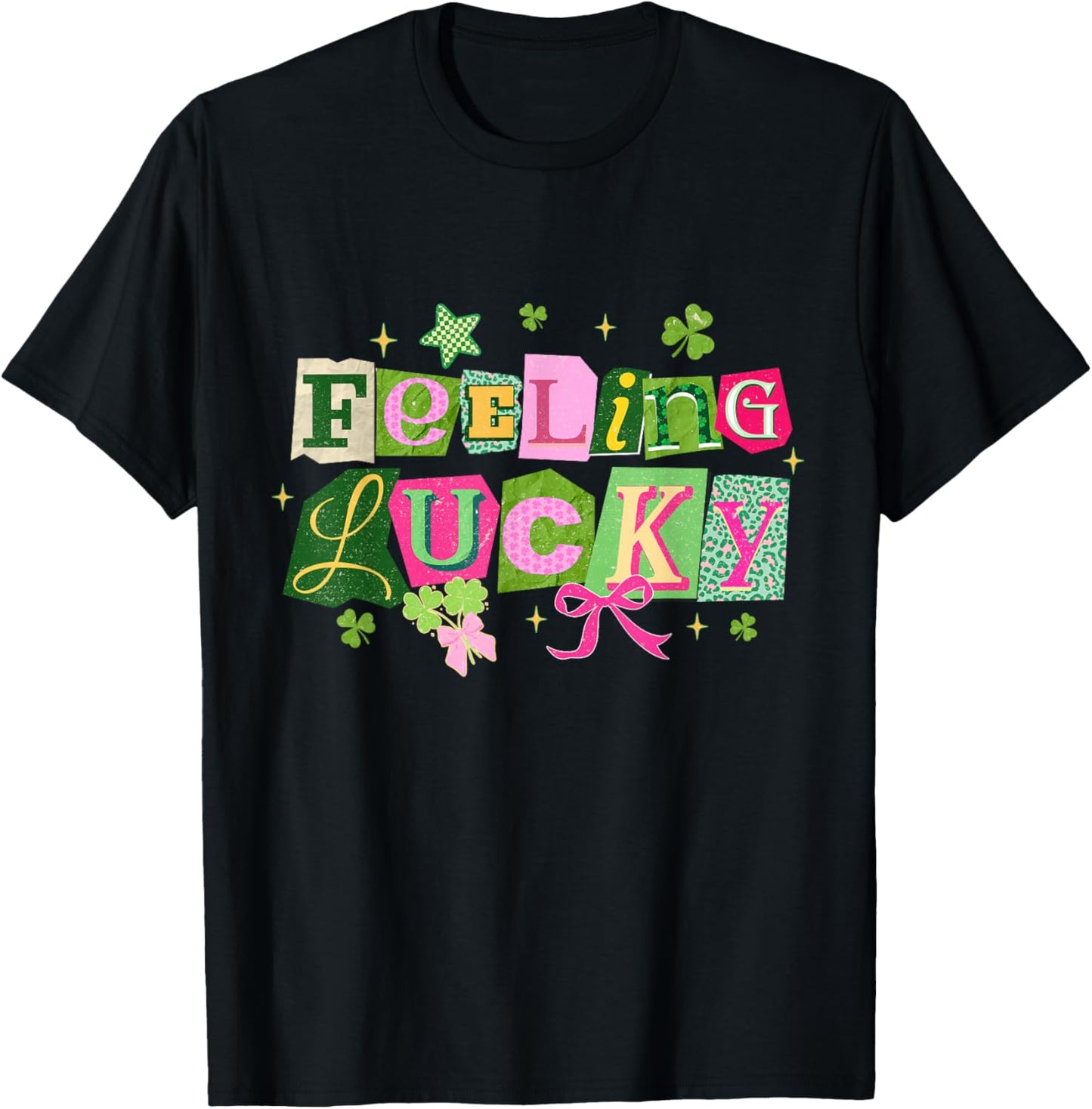 Feeling Lucky Preppy Star Shamrock Bow St Patricks Day T-Shirt - T-Shirt | Black