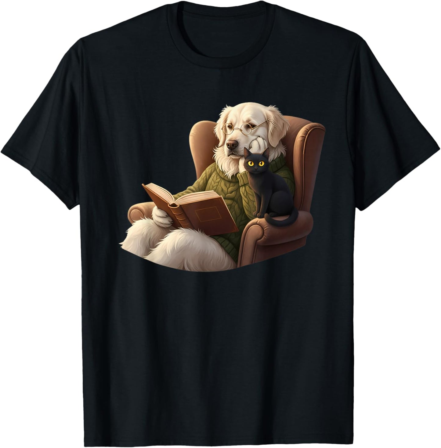 Funny Reading Book English Cream Golden Retriever Cat Puppy T-Shirt - T-Shirt | Black