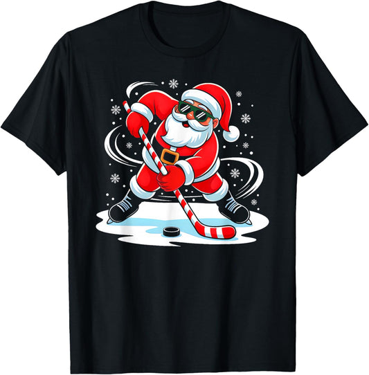 Funny Christmas Ice Hockey Santa Xmas Pajamas Men Boys Kids T-Shirt - T-Shirt | Black
