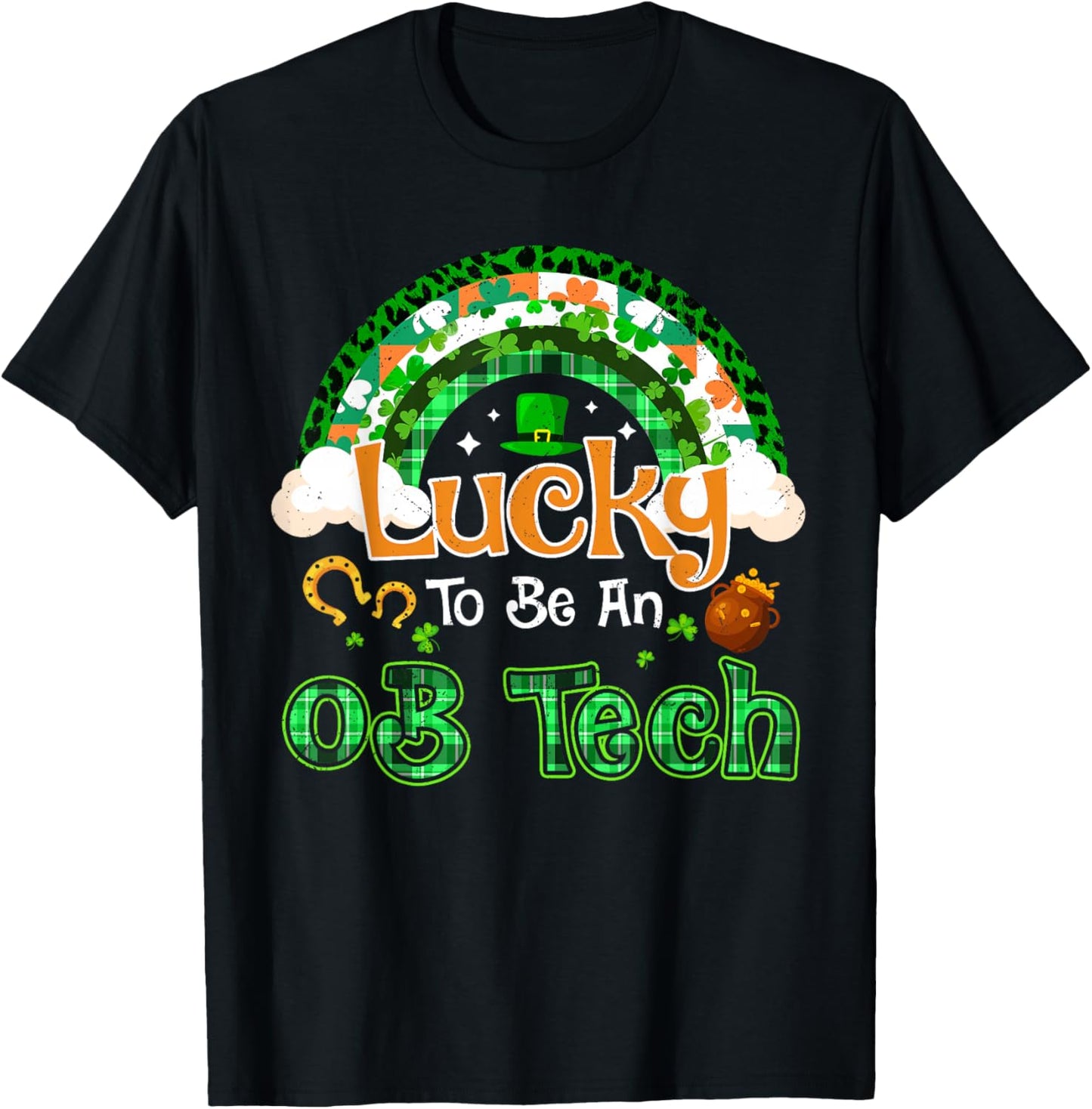 Lucky to Be OB Tech Shamrock Rainbow St Patricks Day T-Shirt - T-Shirt | Black