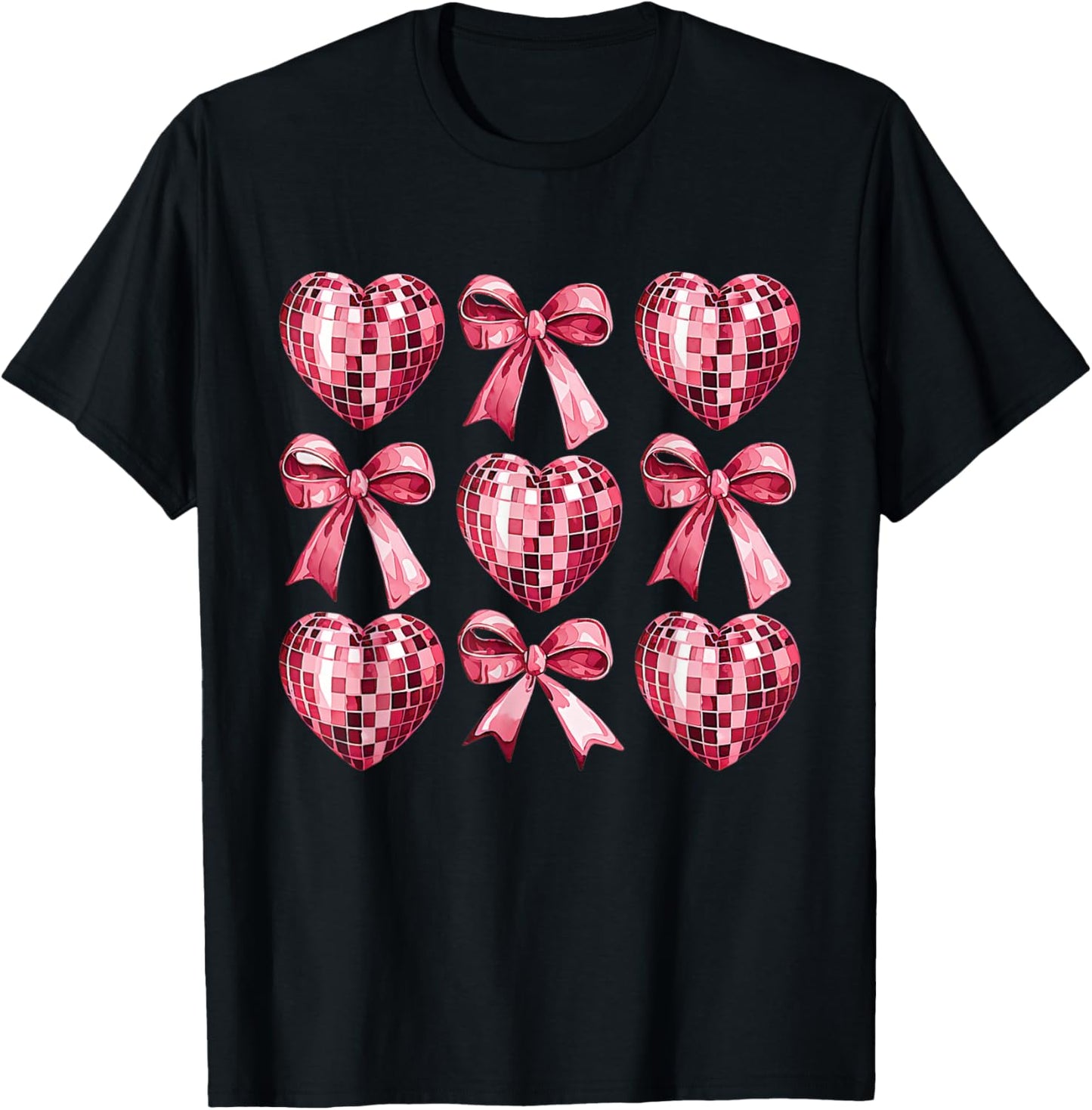 Pink Disco Heart & Bow Retro Valentine Aesthetic Women Teens T-Shirt - T-Shirt | Black