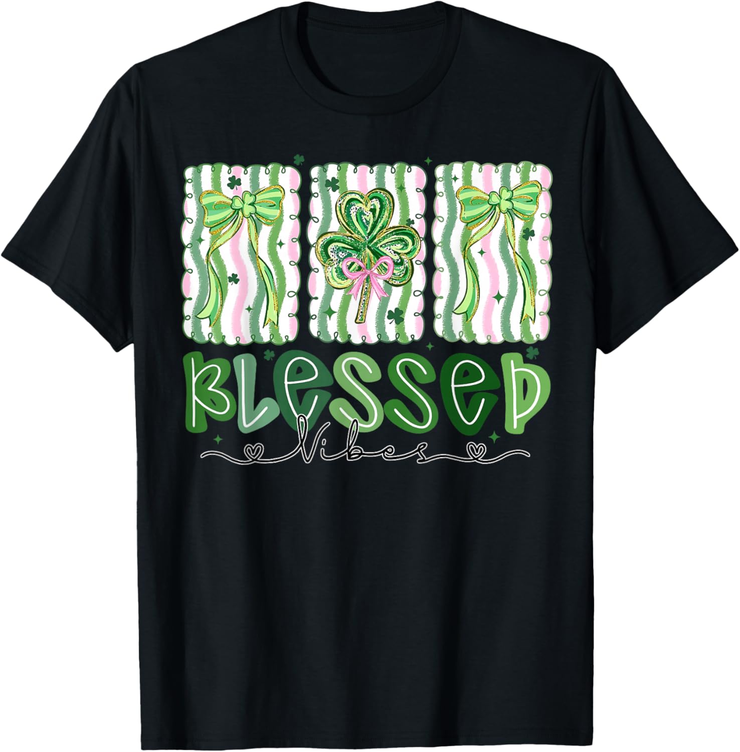 Preppy St Patrick's Day Shamrocks Coquette Bow Blessed Vibes T-Shirt - T-Shirt | Black