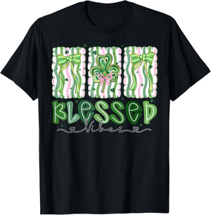 Preppy St Patrick's Day Shamrocks Coquette Bow Blessed Vibes T-Shirt - T-Shirt | Black