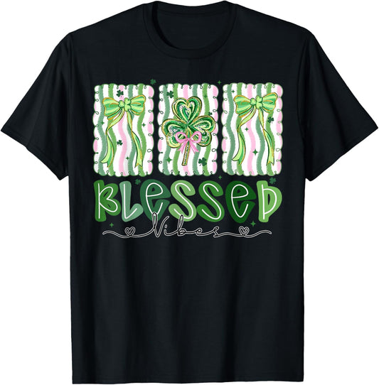 Preppy St Patrick's Day Shamrocks Coquette Bow Blessed Vibes T-Shirt - T-Shirt | Black