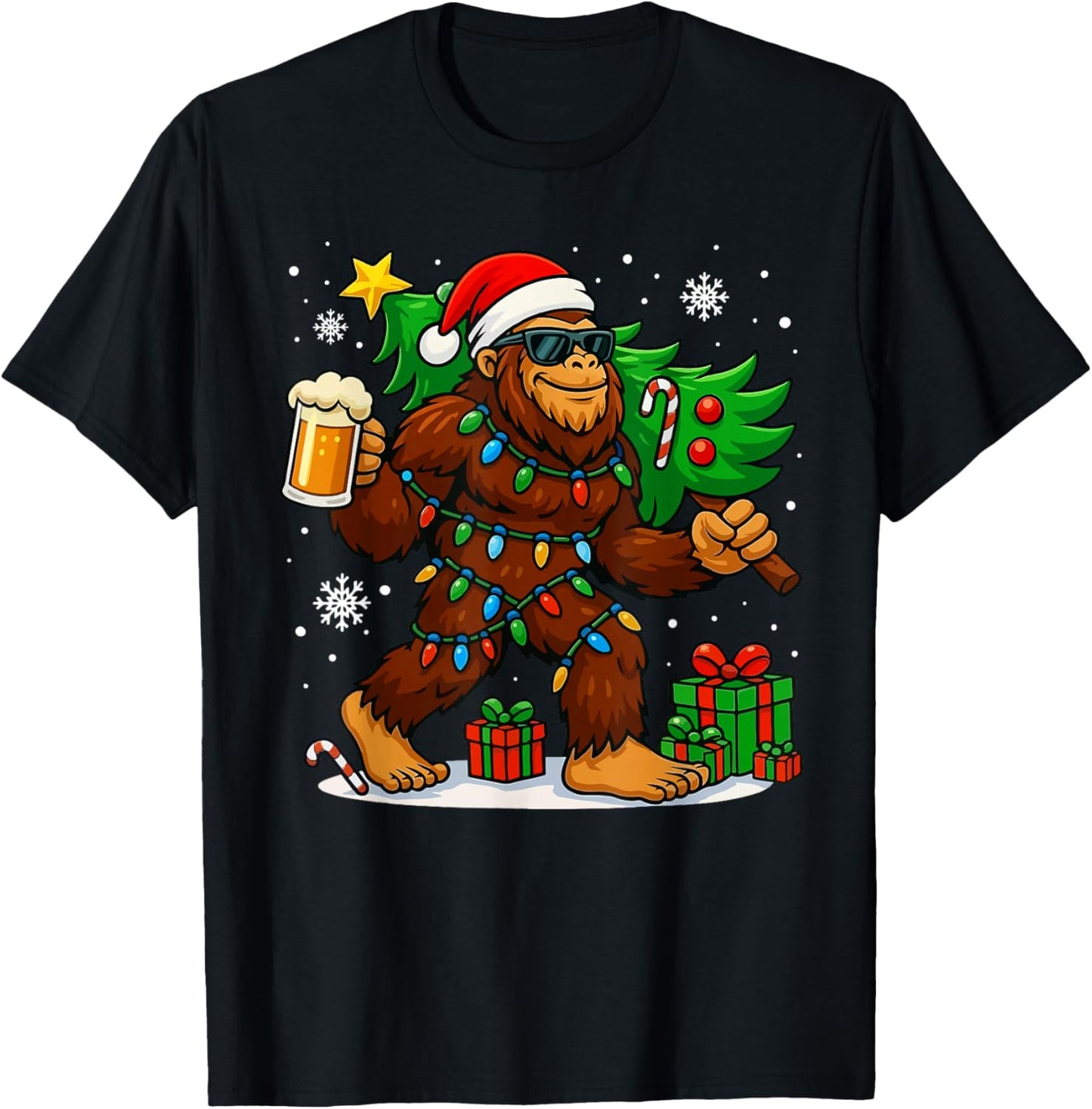 Funny Bigfoot Santa Christmas Tree Drink Beer Xmas Sasquatch T-Shirt - T-Shirt | Black