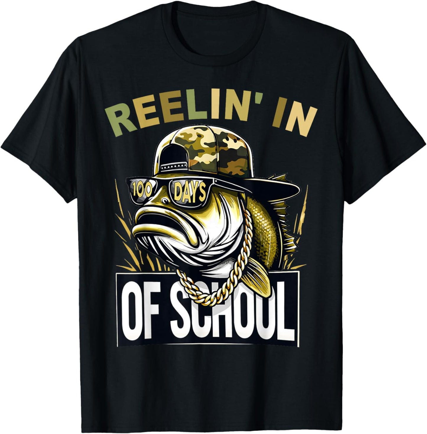 Retro Reelin’ in 100 Days of School Camo Bass Fishing Boys T-Shirt - T-Shirt | Black