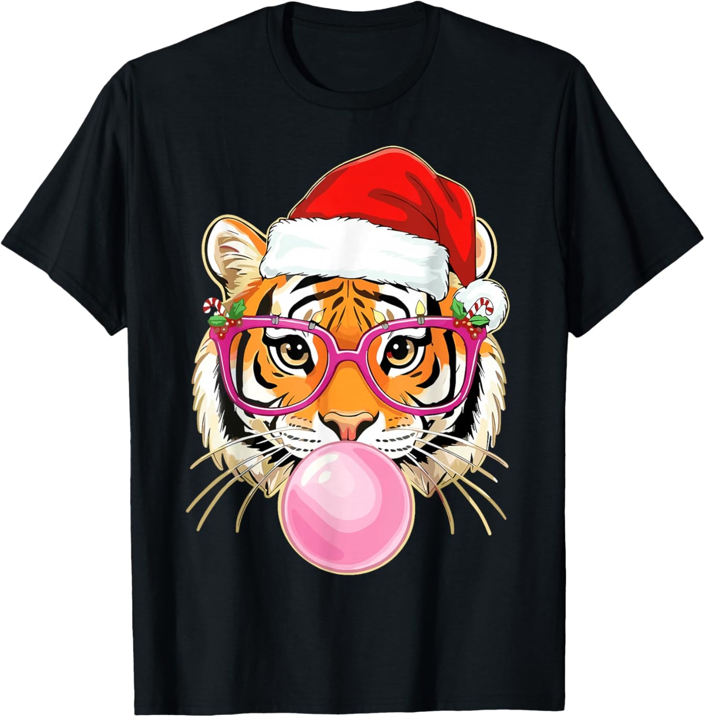 Tiger Christmas Bubble Gum Pink Sunglasses T-Shirt - T-Shirt | Black
