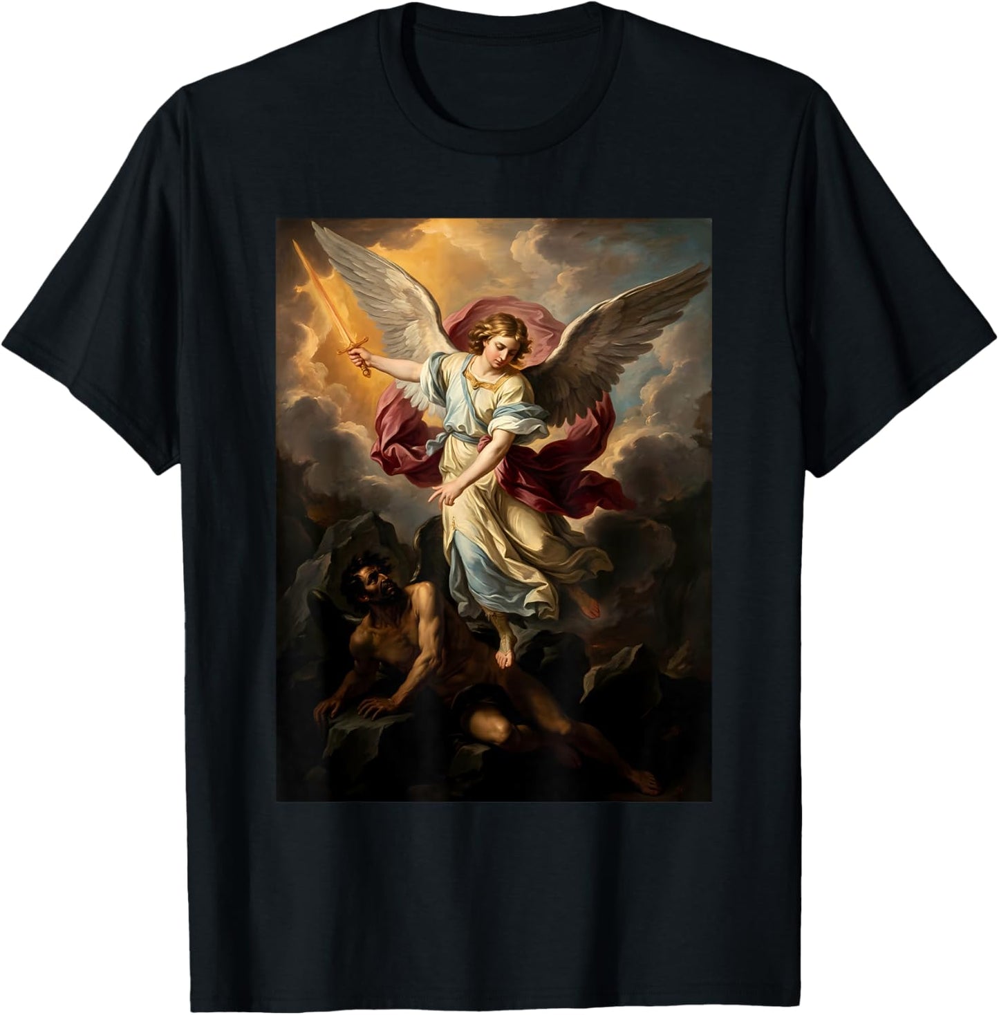 The Archangel Saint Michael Defeating Satan Vintage Painting T-Shirt - T-Shirt | Black